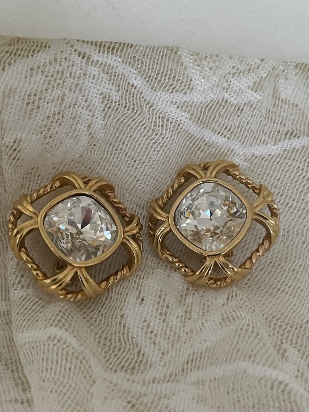 Vintage Swarovski Gold-Tone Clear Crystal Knot Frame Stud Earrings